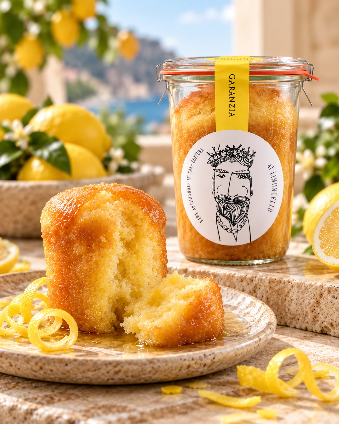 Babà Brigand al Limoncello in vaso e servito su un piatto, con limoni