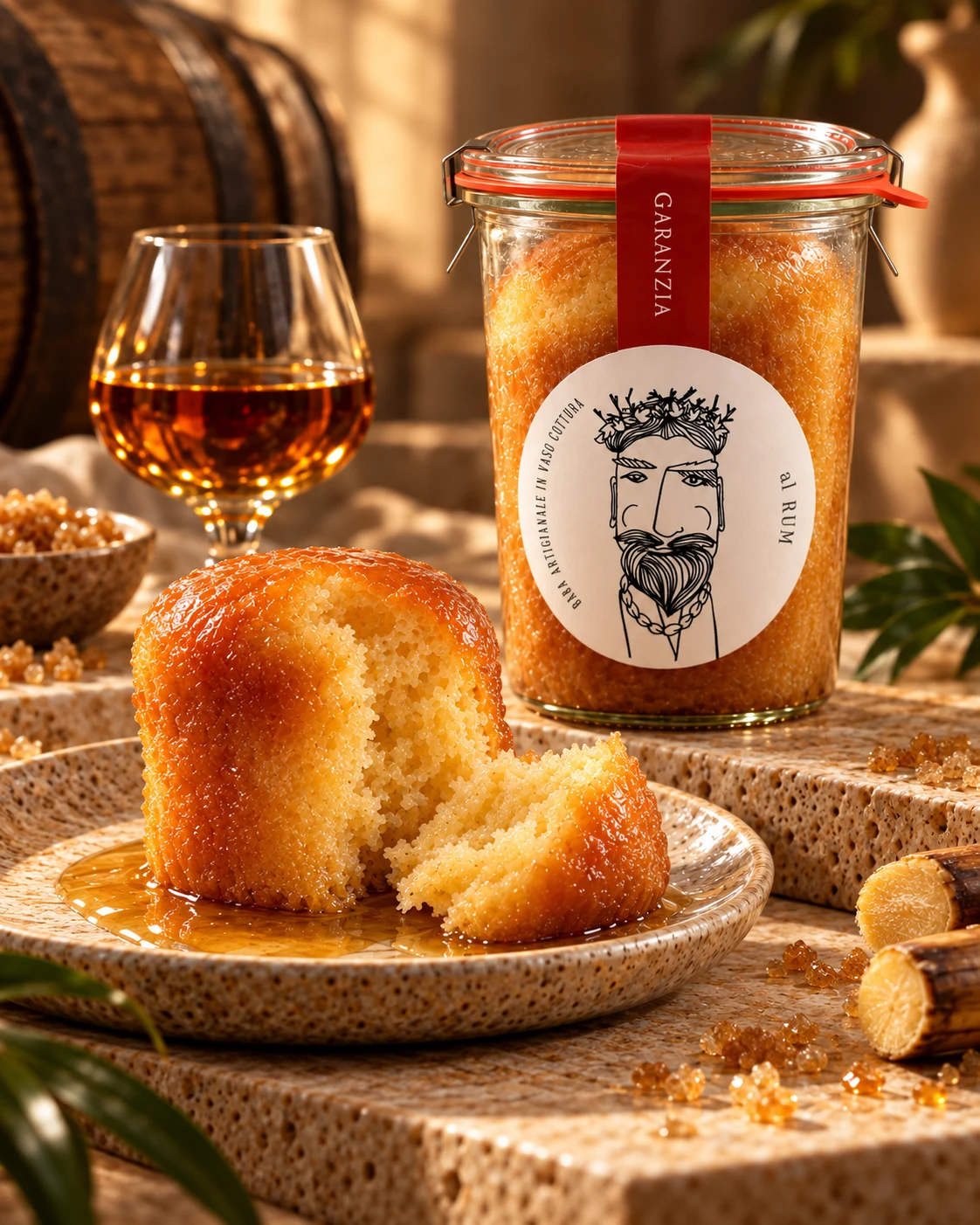 Babà Brigand al rum in vaso, con dolce servito su un piatto
