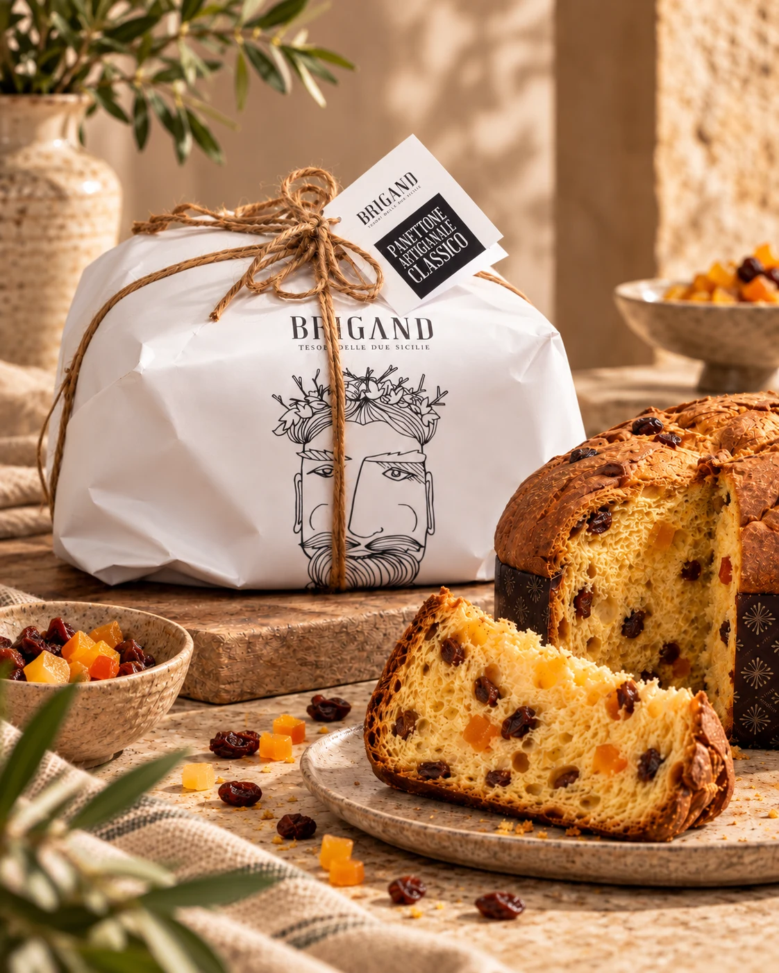 Panettone Brigand classico con confezione e fetta