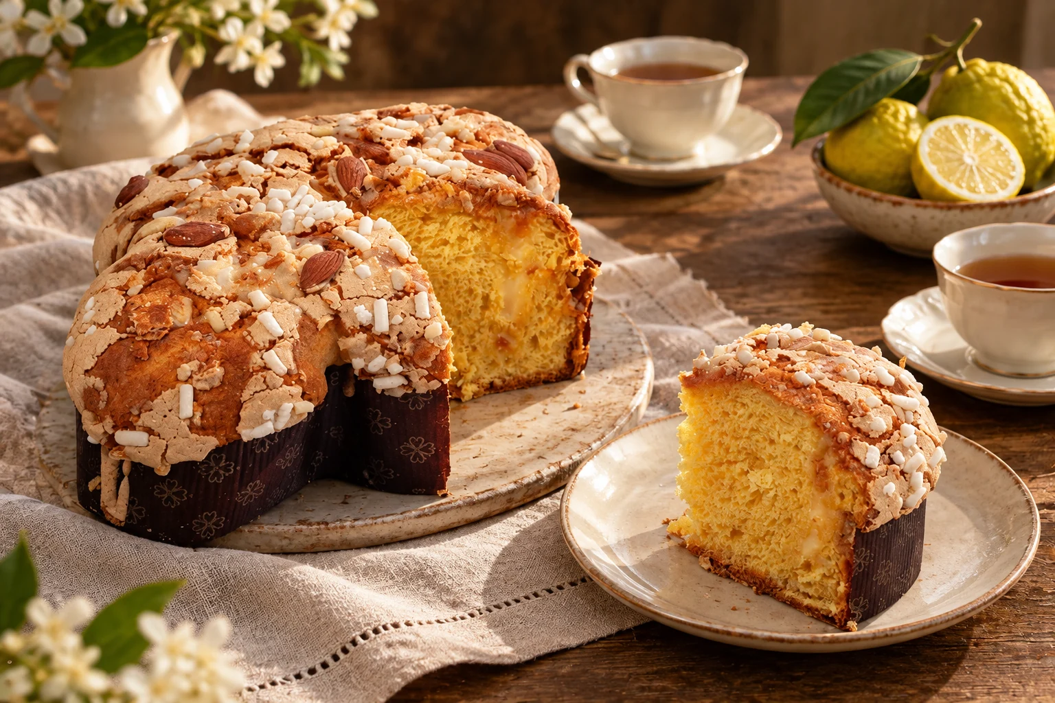 Colomba al bergamotto sulla tavola di primavera