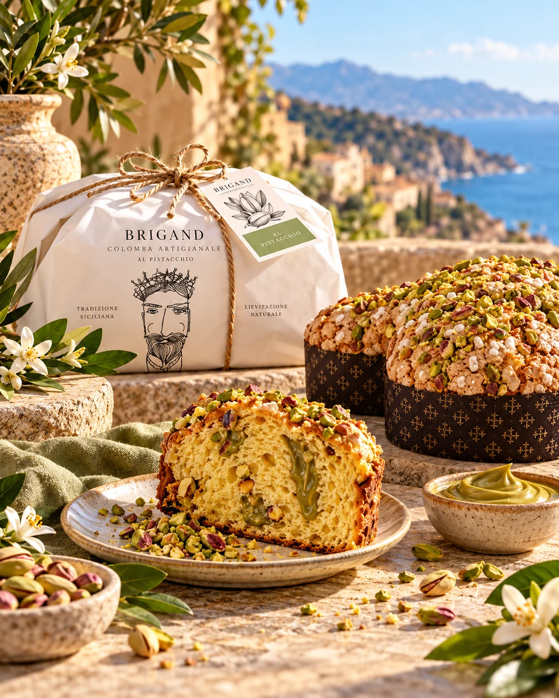 Colomba artigianale Brigand al Pistacchio servito a tavola