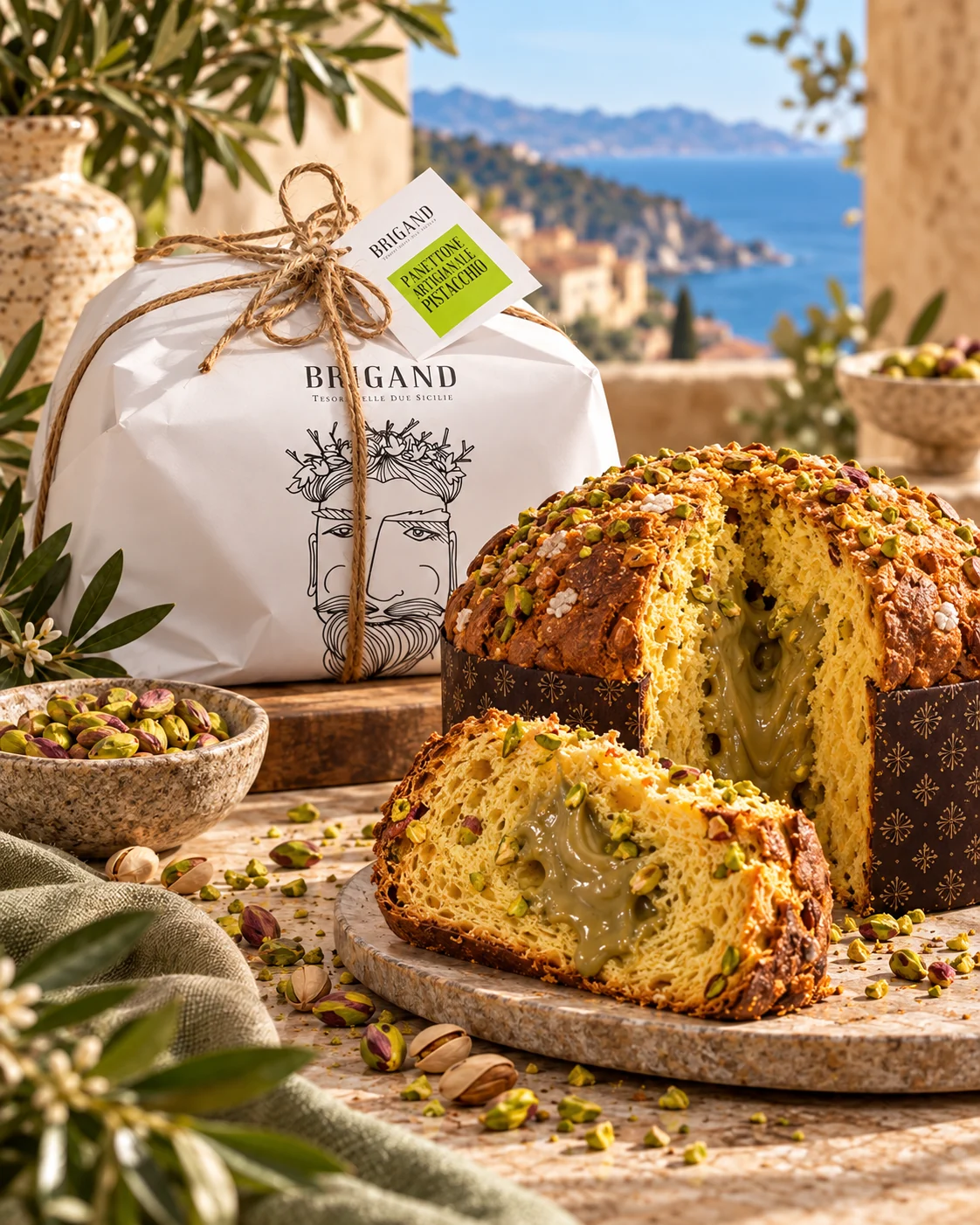 Panettone artigianale Brigand al Pistacchio servito a tavola