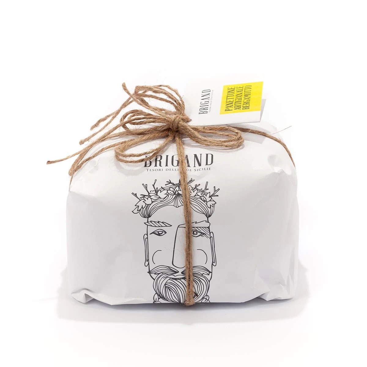 Packaging originale Brigand: carta bianca, volto illustrato, corda e cartellino