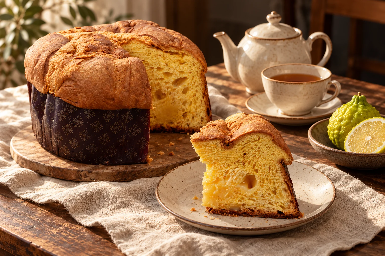 Una fetta di panettone al bergamotto pronta da assaggiare